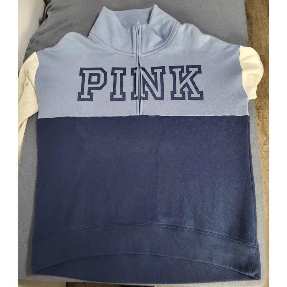 Victoria's Secret PINK High-Low Half-Zip Pullover Bluebell Cream Navy SZ M Logo - Picture 7 of 12